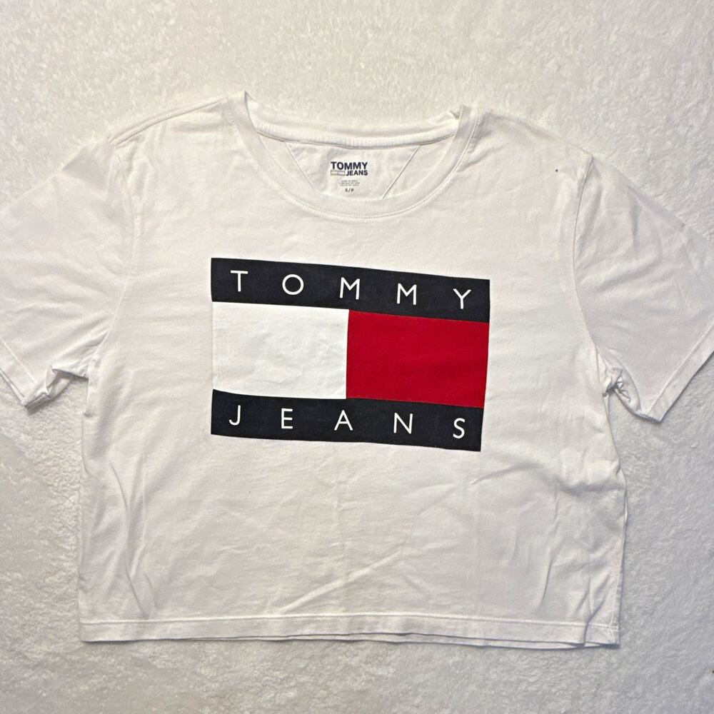 Tommy Jeans Women's Cropped Logo T-Shirt White Cotton Jersey Crew Neck Sz S